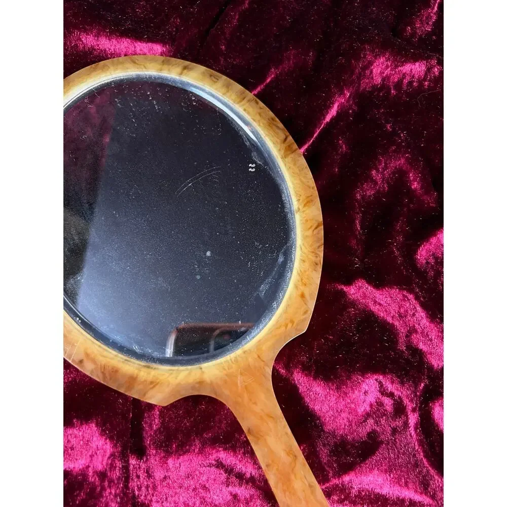 Vintage Art Deco Celluloid Vanity Hand Mirror Faux Mother of Pearl Orange Swirl